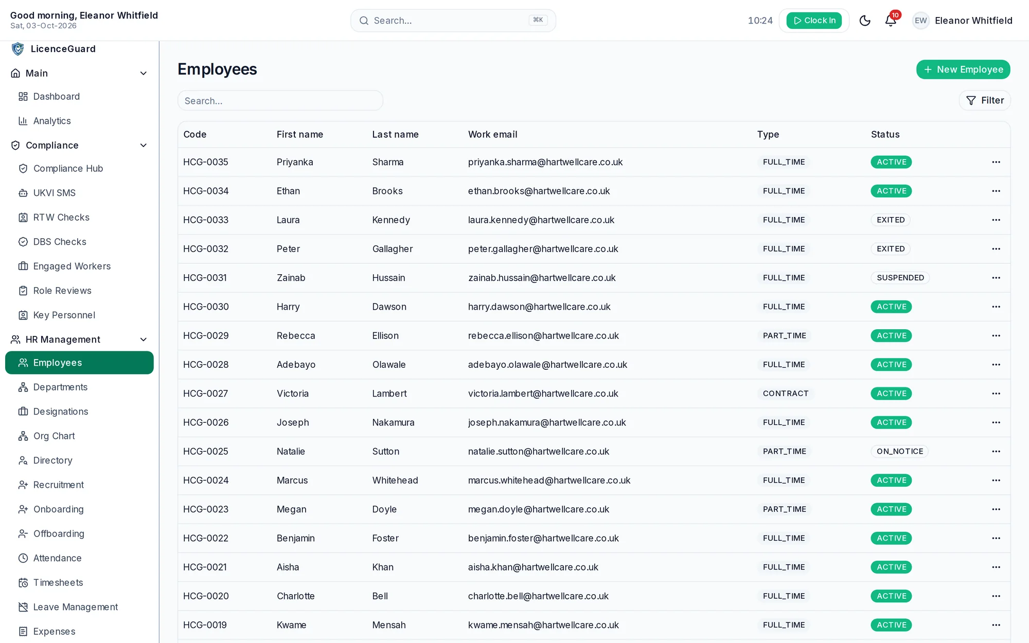 Employee records list with employee codes, work email, employment type and status