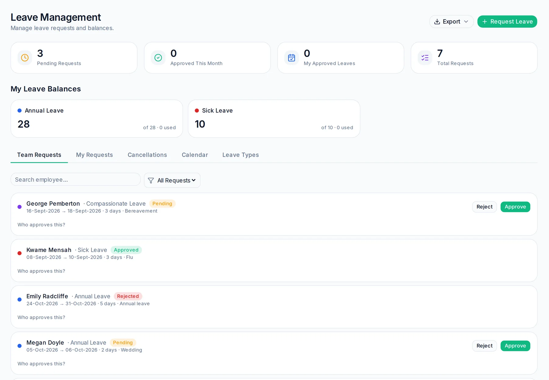 Leave requests with balances, leave types, dates and approval status