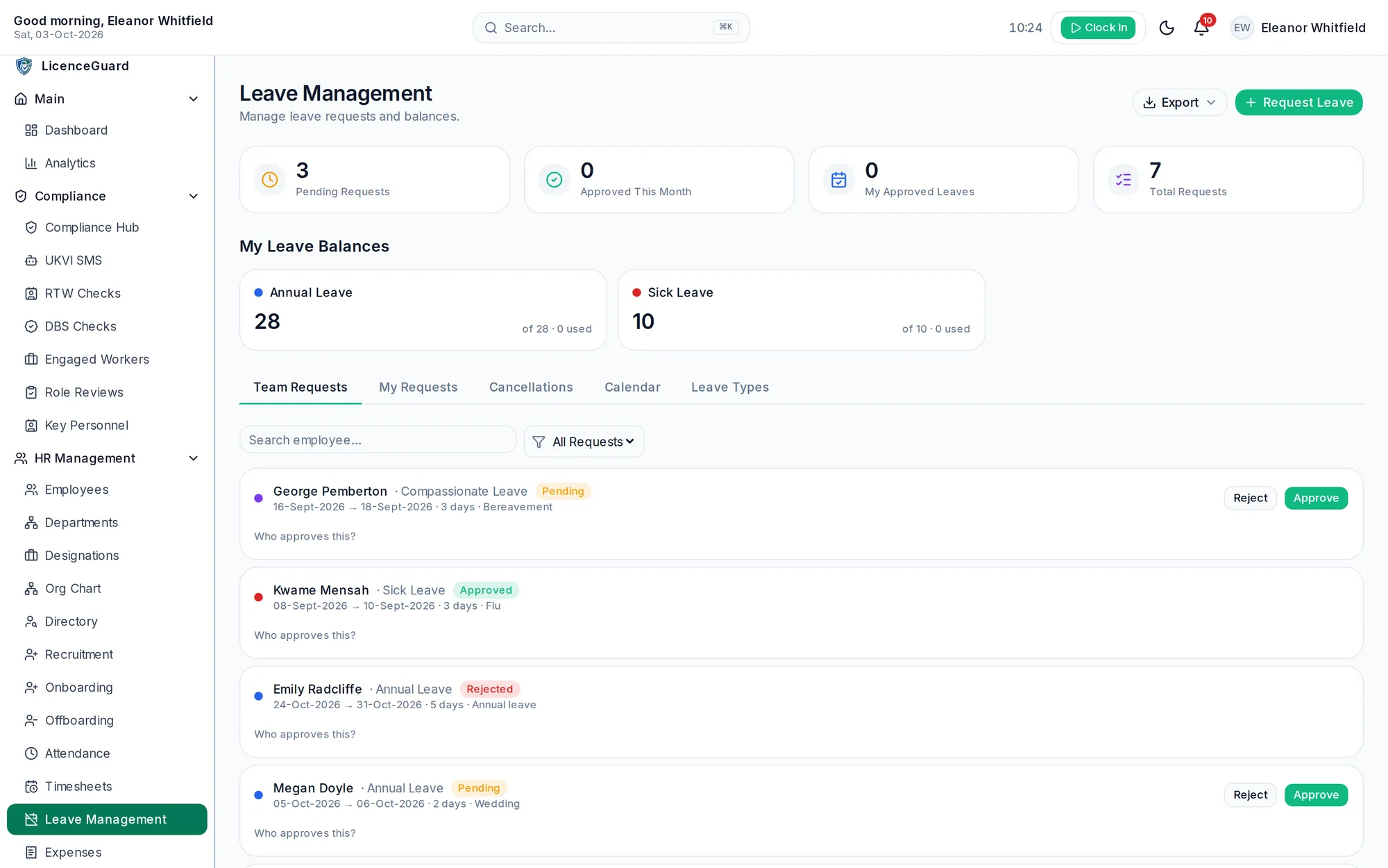 Leave management with leave balances, team requests and approve or reject actions