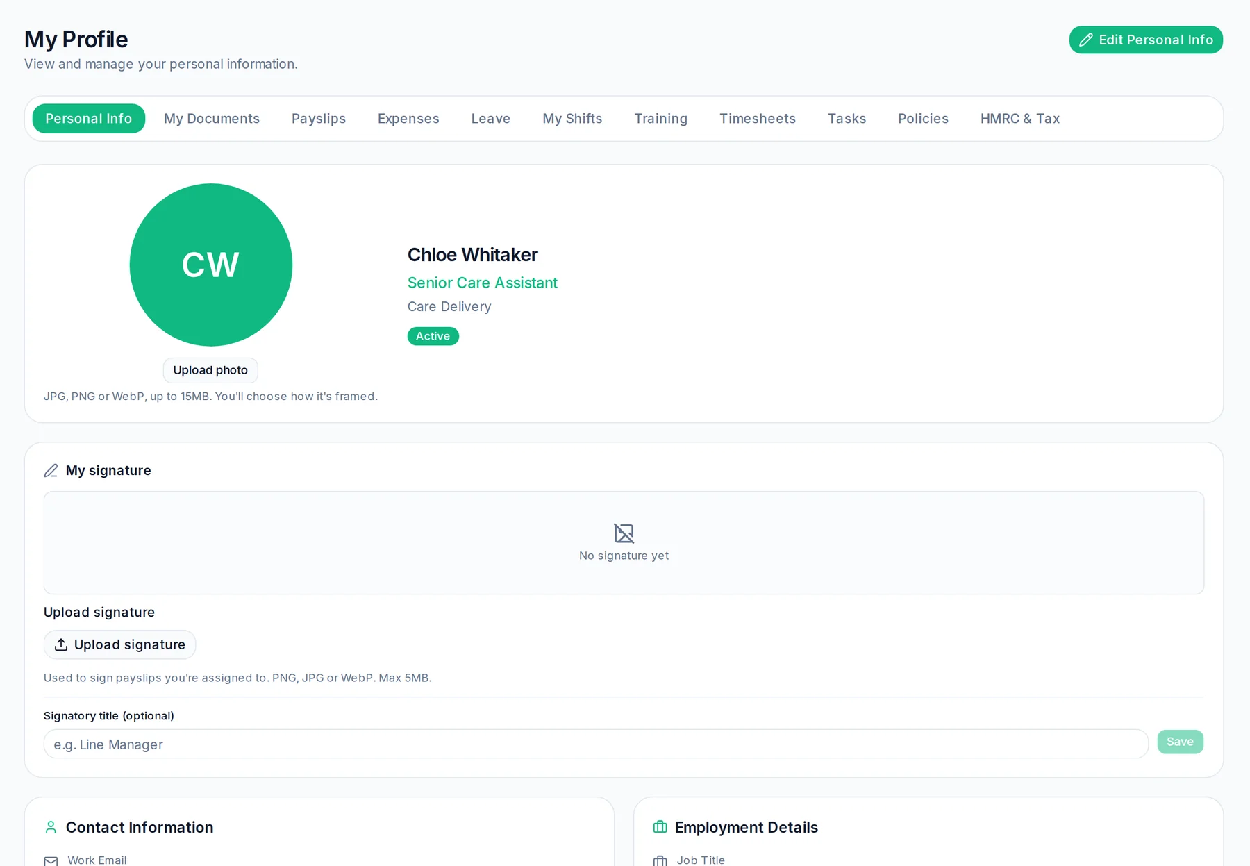 An employee's My Profile page with tabs for documents, payslips, expenses, leave, shifts, training, timesheets, tasks, policies and tax