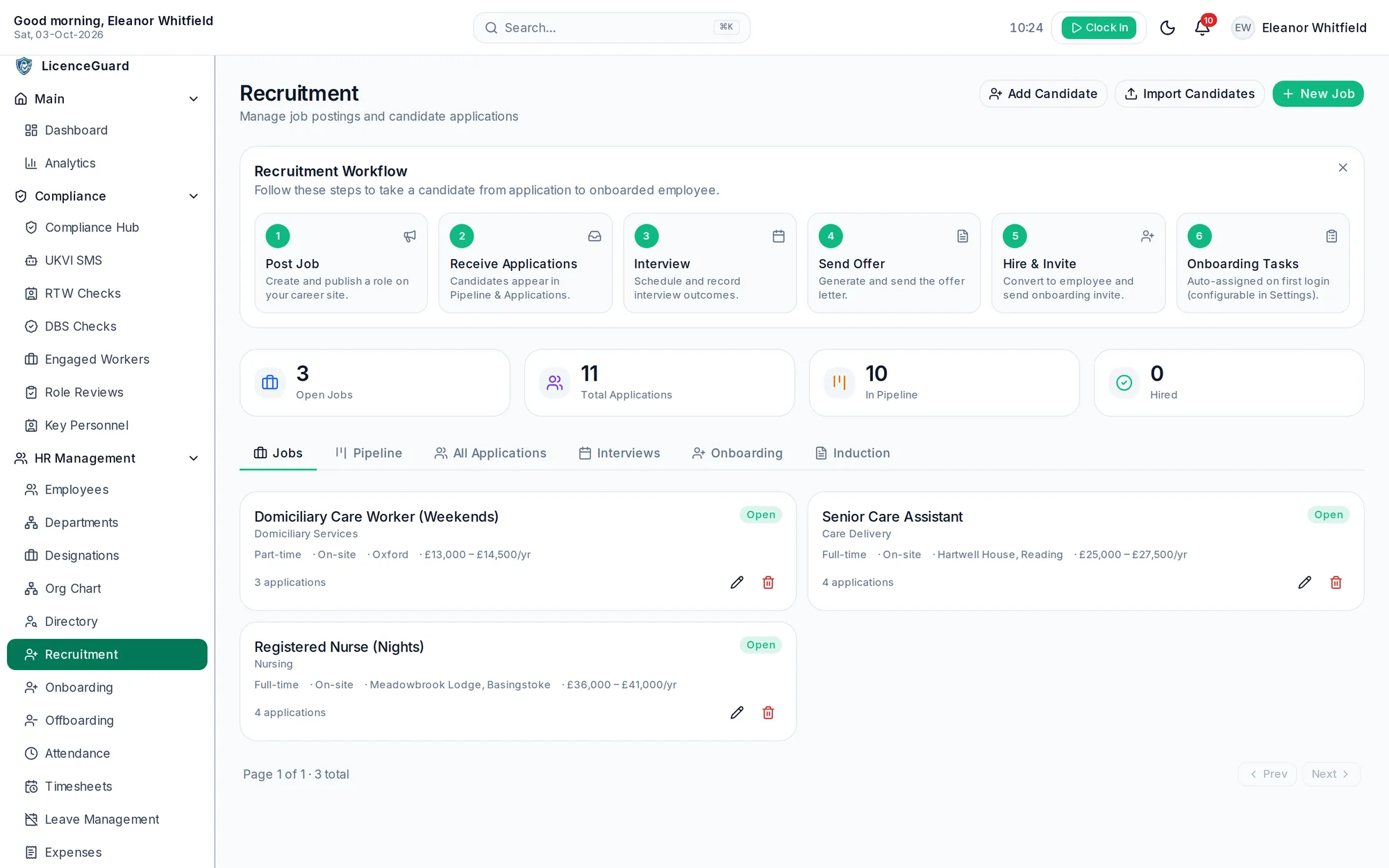 Recruitment workflow from job posting to onboarding, with open jobs and applications
