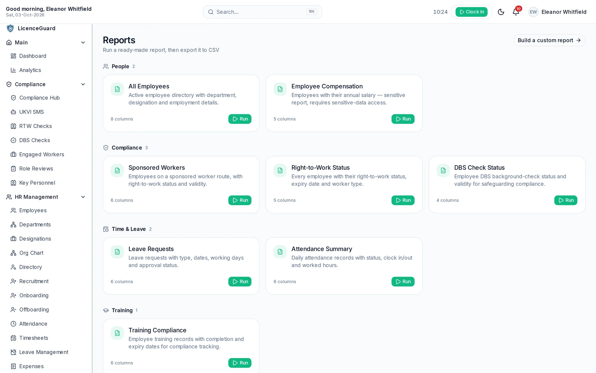 Ready-made reports grouped into people, compliance, time and leave, and training