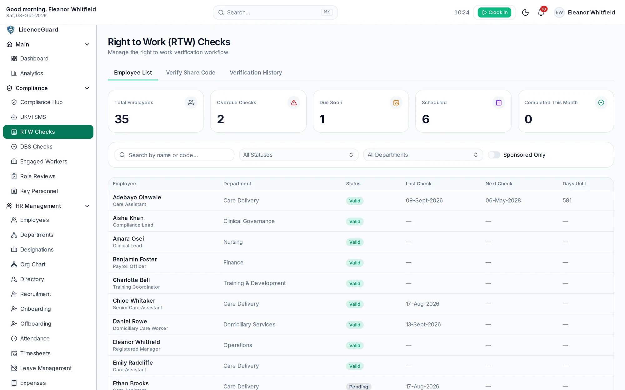 Right to Work register listing employees with verification status, last check and next check dates