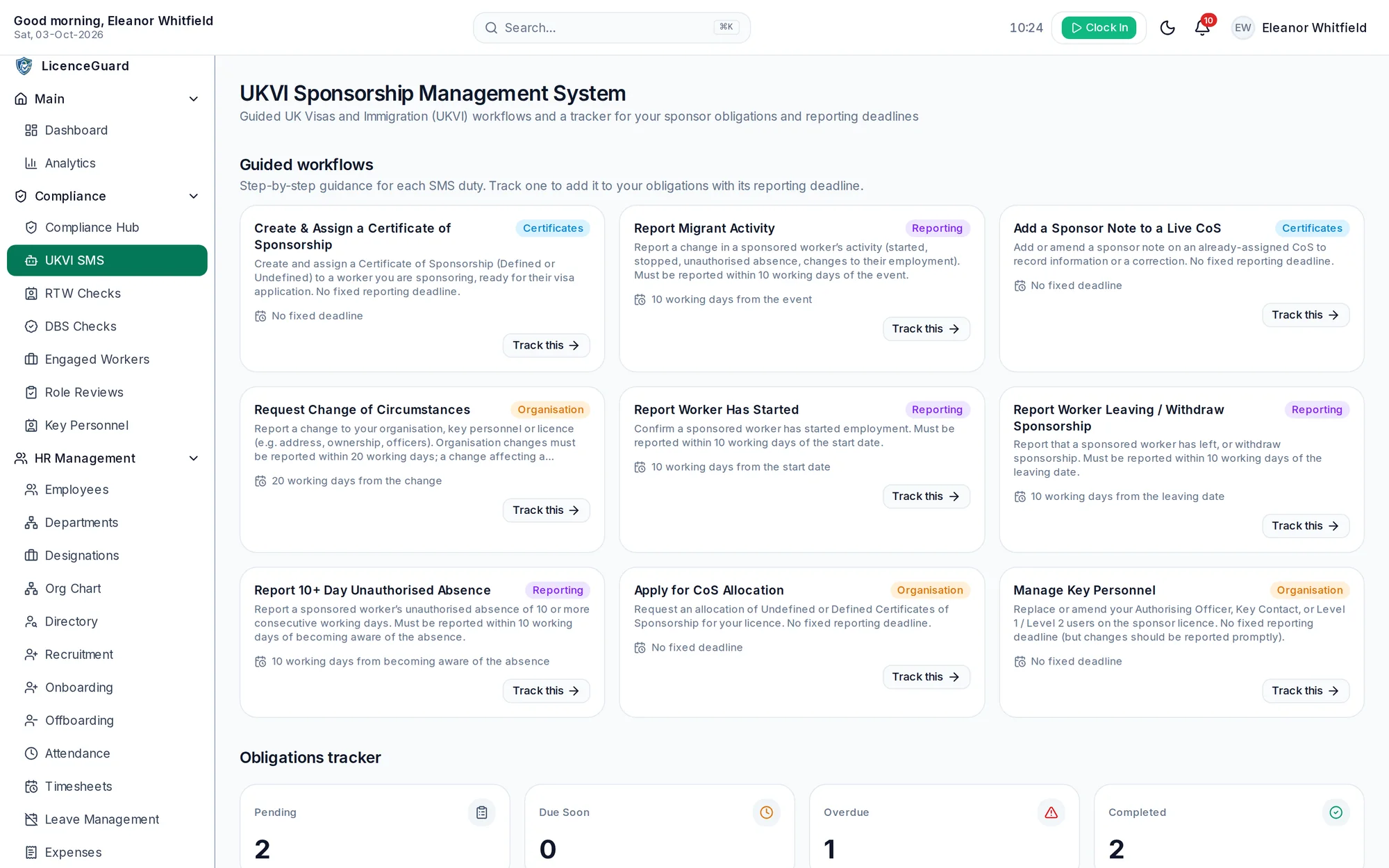 UKVI sponsor duties screen with guided workflows and reporting deadlines in working days